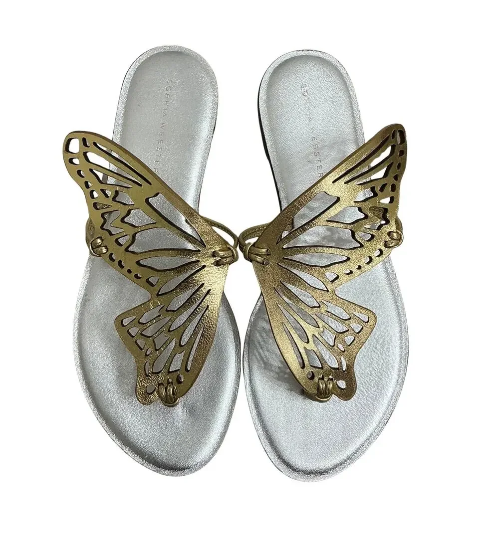 Sophia Webster Butterfly Wing Gold Talulah Silver Leather Flat Sandals 39 8.5 US